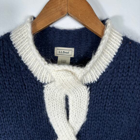 LL Bean Sweater Blue Cream Mohair Wool Cable Knit Roll Neck Twist Size Large - Picture 7 of 13